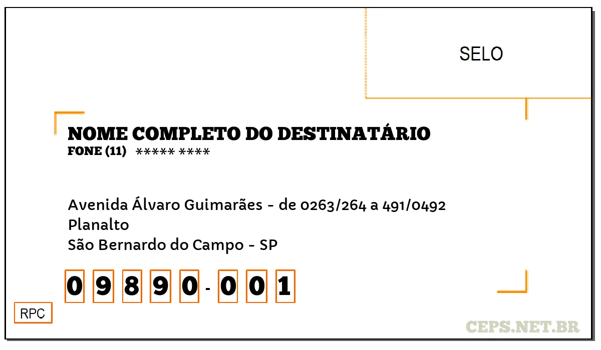 CEP SÃO BERNARDO DO CAMPO - SP, DDD 11, CEP 09890001, AVENIDA ÁLVARO GUIMARÃES - DE 0263/264 A 491/0492, BAIRRO PLANALTO.