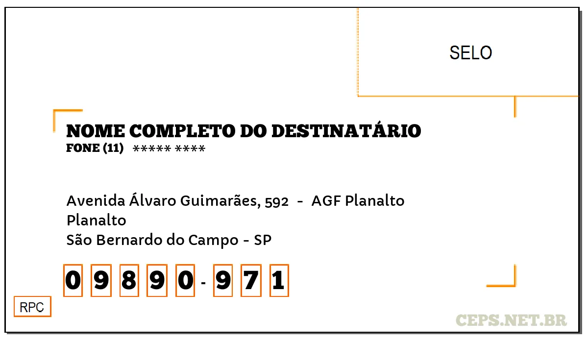 CEP SÃO BERNARDO DO CAMPO - SP, DDD 11, CEP 09890971, AVENIDA ÁLVARO GUIMARÃES, 592 , BAIRRO PLANALTO.