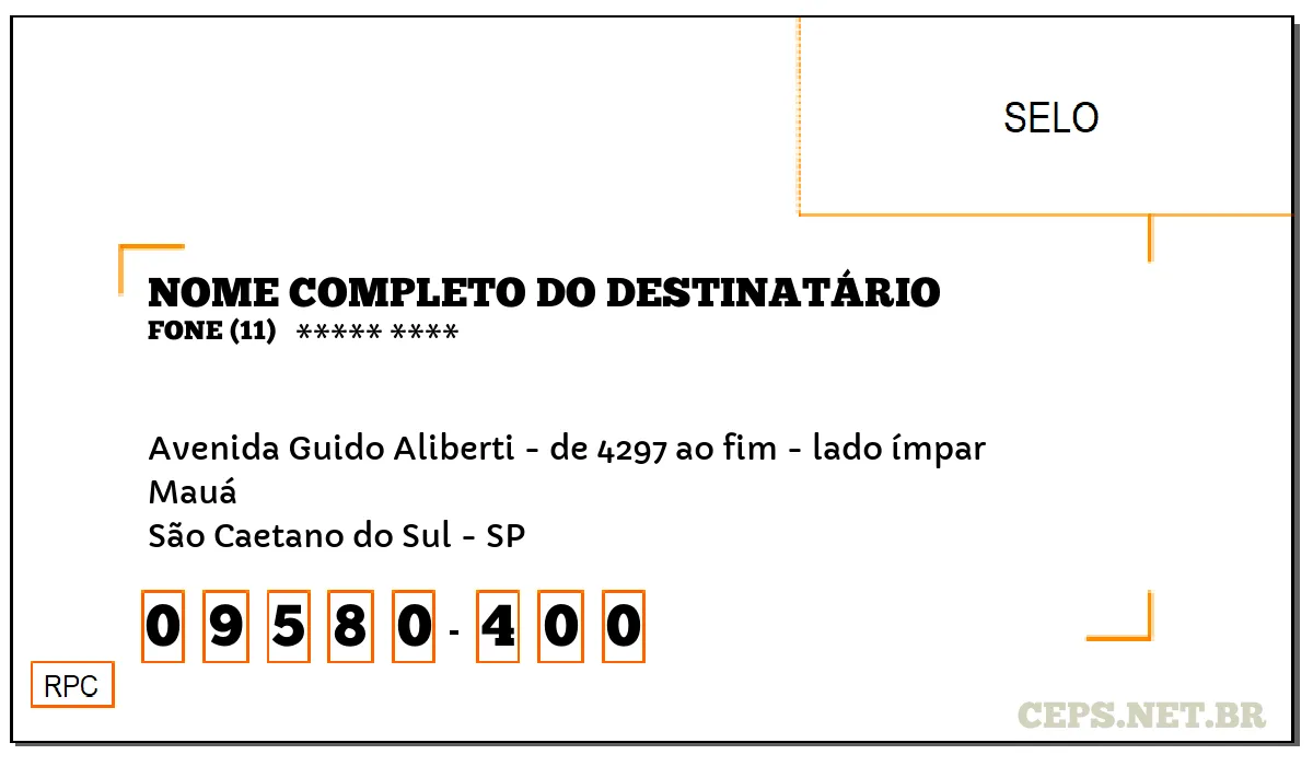 CEP SÃO CAETANO DO SUL - SP, DDD 11, CEP 09580400, AVENIDA GUIDO ALIBERTI - DE 4297 AO FIM - LADO ÍMPAR, BAIRRO MAUÁ.