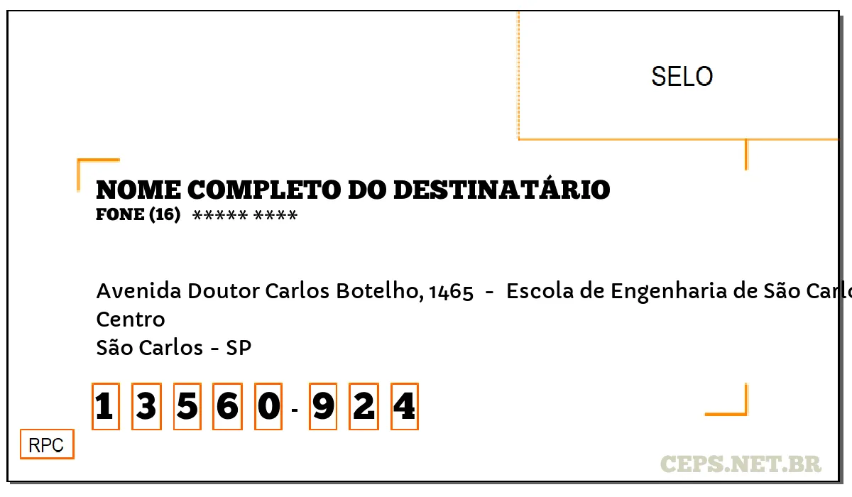 CEP SÃO CARLOS - SP, DDD 16, CEP 13560924, AVENIDA DOUTOR CARLOS BOTELHO, 1465 , BAIRRO CENTRO.