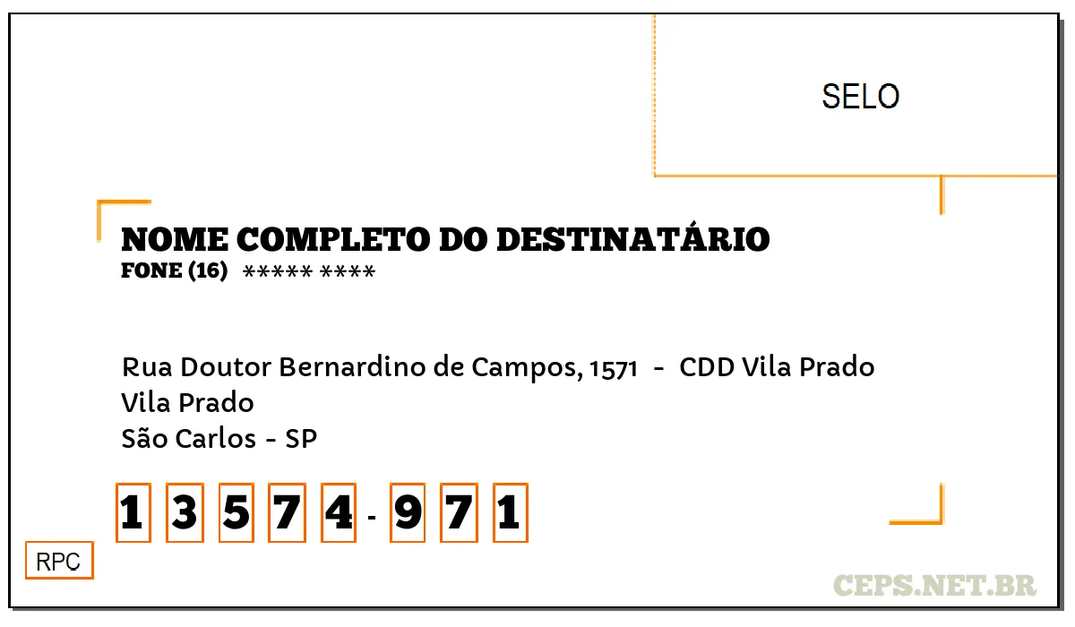 CEP SÃO CARLOS - SP, DDD 16, CEP 13574971, RUA DOUTOR BERNARDINO DE CAMPOS, 1571 , BAIRRO VILA PRADO.