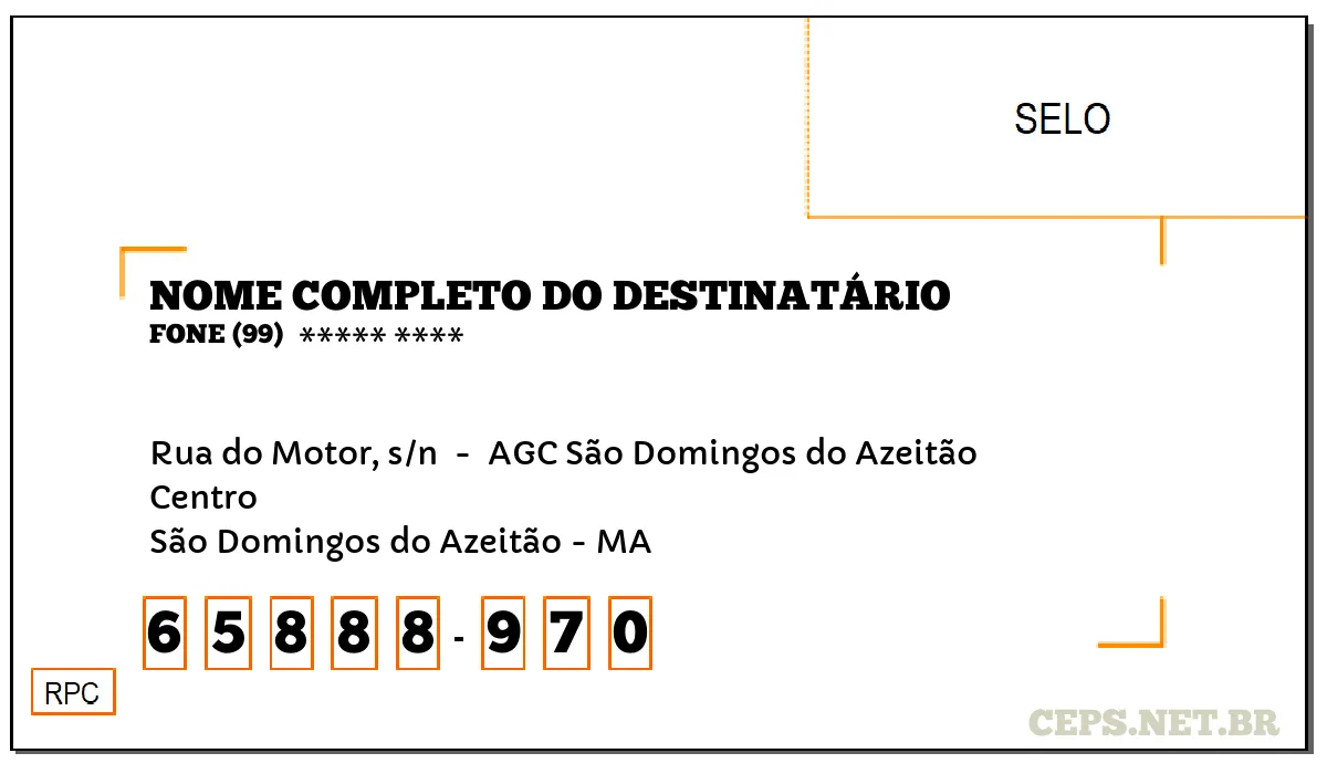 CEP SÃO DOMINGOS DO AZEITÃO - MA, DDD 99, CEP 65888970, RUA DO MOTOR, S/N , BAIRRO CENTRO.