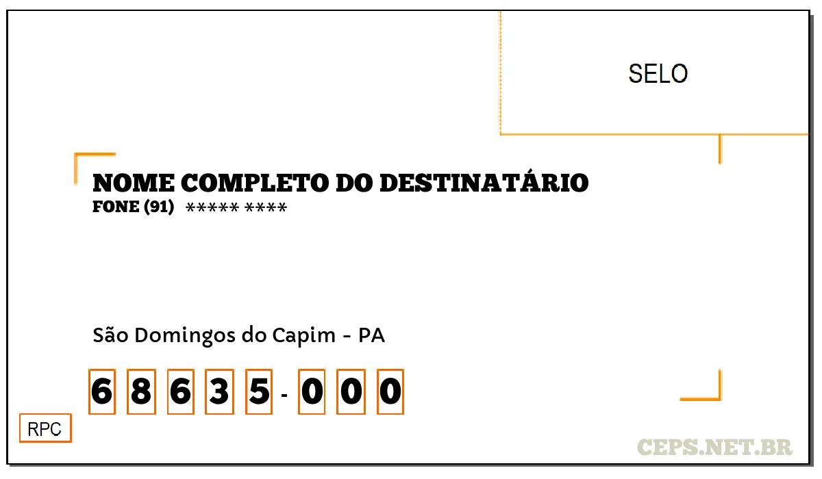 CEP SÃO DOMINGOS DO CAPIM - PA, DDD 91, CEP 68635000, , BAIRRO .