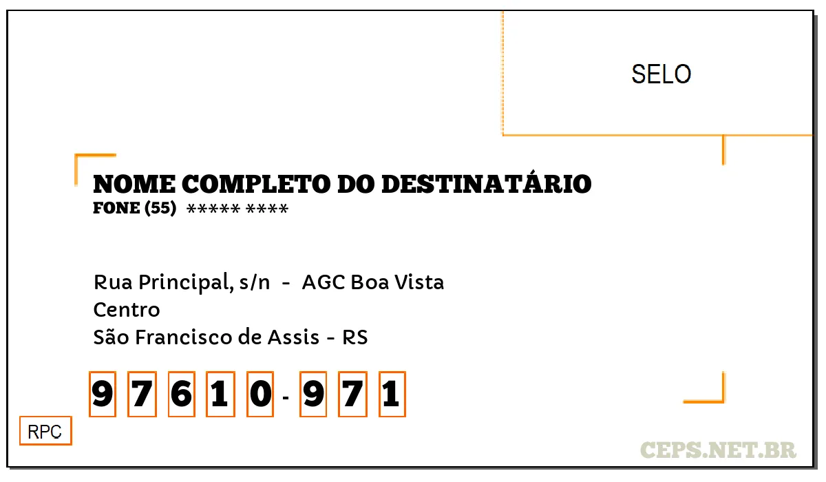 CEP SÃO FRANCISCO DE ASSIS - RS, DDD 55, CEP 97610971, RUA PRINCIPAL, S/N , BAIRRO CENTRO.