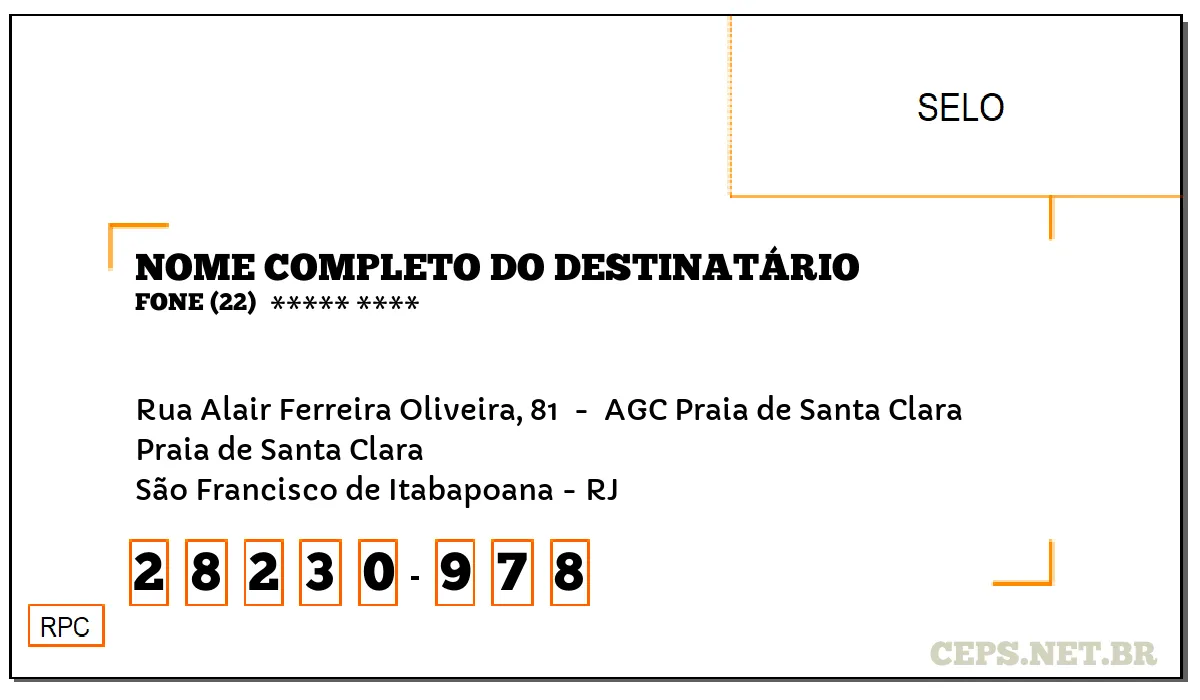 CEP SÃO FRANCISCO DE ITABAPOANA - RJ, DDD 22, CEP 28230978, RUA ALAIR FERREIRA OLIVEIRA, 81 , BAIRRO PRAIA DE SANTA CLARA.