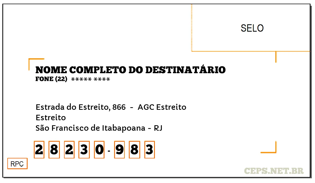 CEP SÃO FRANCISCO DE ITABAPOANA - RJ, DDD 22, CEP 28230983, ESTRADA DO ESTREITO, 866 , BAIRRO ESTREITO.