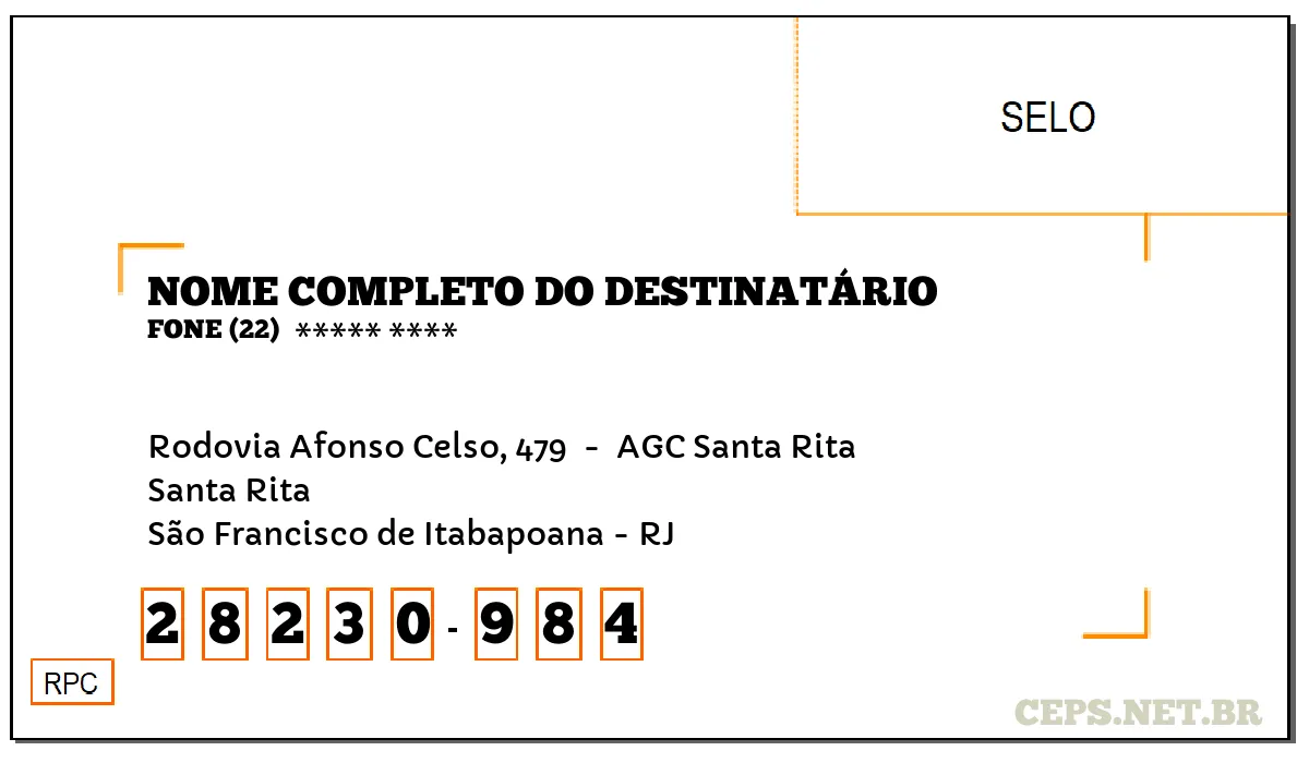 CEP SÃO FRANCISCO DE ITABAPOANA - RJ, DDD 22, CEP 28230984, RODOVIA AFONSO CELSO, 479 , BAIRRO SANTA RITA.