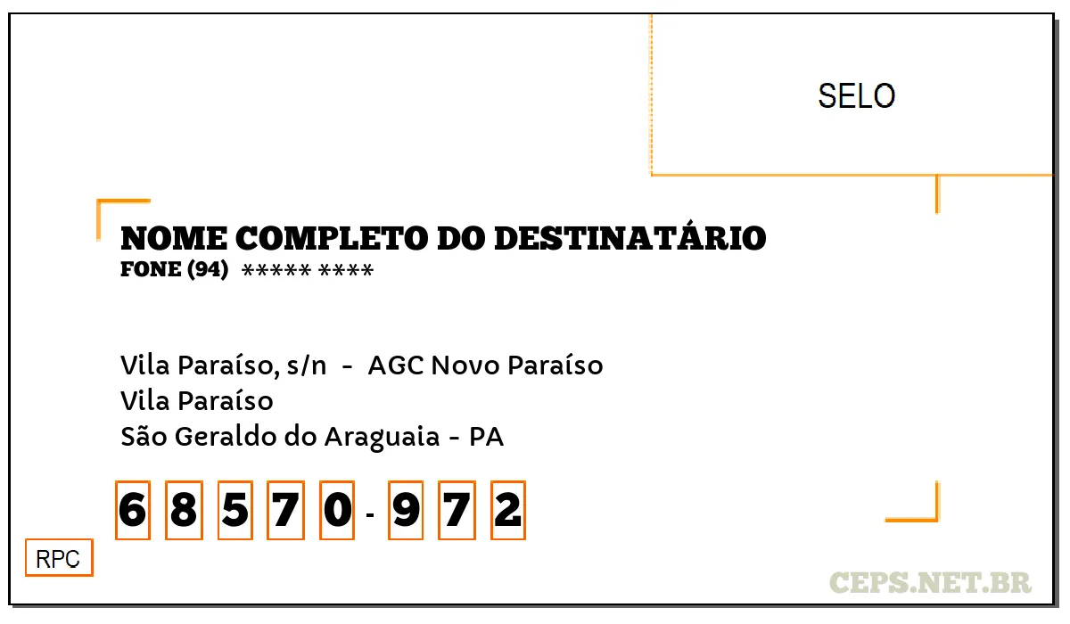 CEP SÃO GERALDO DO ARAGUAIA - PA, DDD 94, CEP 68570972, VILA PARAÍSO, S/N , BAIRRO VILA PARAÍSO.