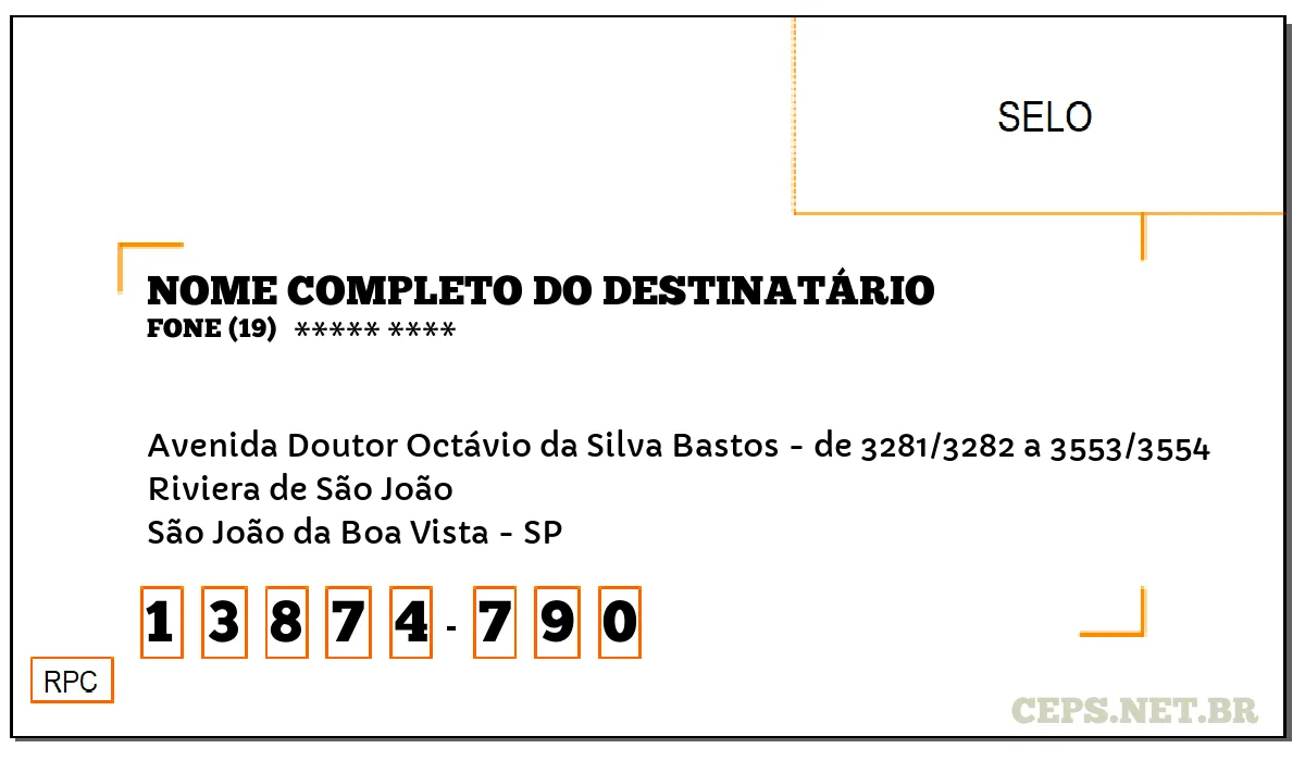 CEP SÃO JOÃO DA BOA VISTA - SP, DDD 19, CEP 13874790, AVENIDA DOUTOR OCTÁVIO DA SILVA BASTOS - DE 3281/3282 A 3553/3554, BAIRRO RIVIERA DE SÃO JOÃO.