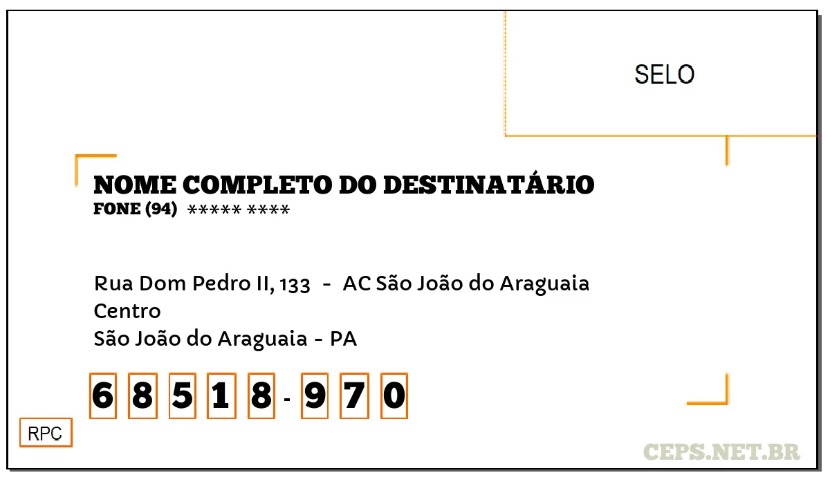 CEP SÃO JOÃO DO ARAGUAIA - PA, DDD 94, CEP 68518970, RUA DOM PEDRO II, 133 , BAIRRO CENTRO.