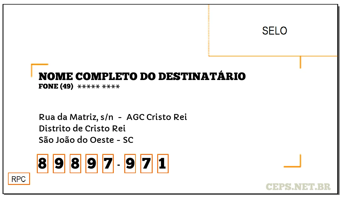 CEP SÃO JOÃO DO OESTE - SC, DDD 49, CEP 89897971, RUA DA MATRIZ, S/N , BAIRRO DISTRITO DE CRISTO REI.