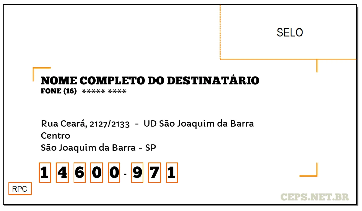 CEP SÃO JOAQUIM DA BARRA - SP, DDD 16, CEP 14600971, RUA CEARÁ, 2127/2133 , BAIRRO CENTRO.