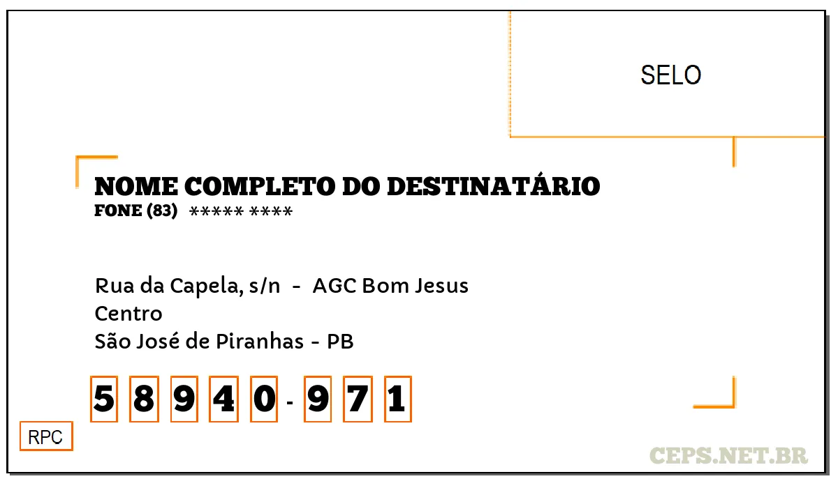 CEP SÃO JOSÉ DE PIRANHAS - PB, DDD 83, CEP 58940971, RUA DA CAPELA, S/N , BAIRRO CENTRO.