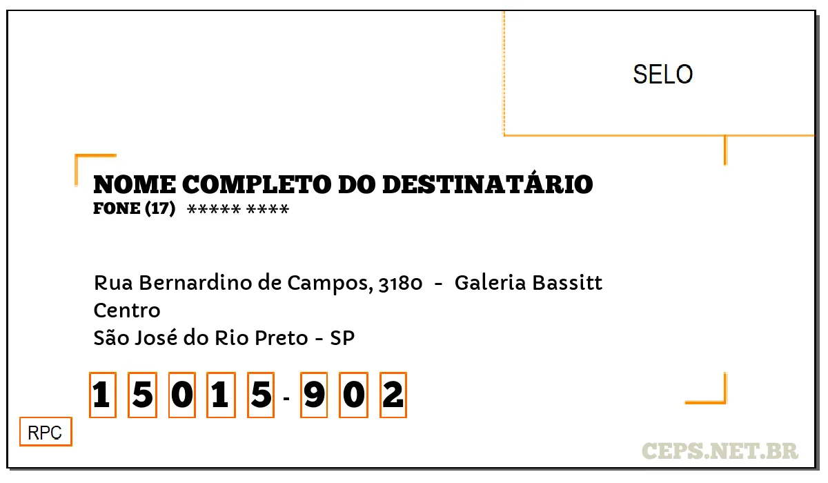 CEP SÃO JOSÉ DO RIO PRETO - SP, DDD 17, CEP 15015902, RUA BERNARDINO DE CAMPOS, 3180 , BAIRRO CENTRO.