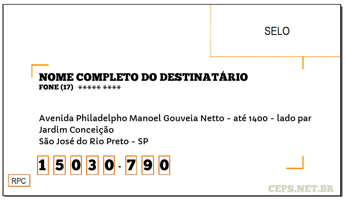 CEP SÃO JOSÉ DO RIO PRETO - SP, DDD 17, CEP 15030790, AVENIDA PHILADELPHO MANOEL GOUVEIA NETTO - ATÉ 1400 - LADO PAR, BAIRRO JARDIM CONCEIÇÃO.