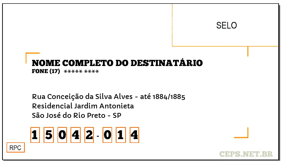 CEP SÃO JOSÉ DO RIO PRETO - SP, DDD 17, CEP 15042014, RUA CONCEIÇÃO DA SILVA ALVES - ATÉ 1884/1885, BAIRRO RESIDENCIAL JARDIM ANTONIETA.