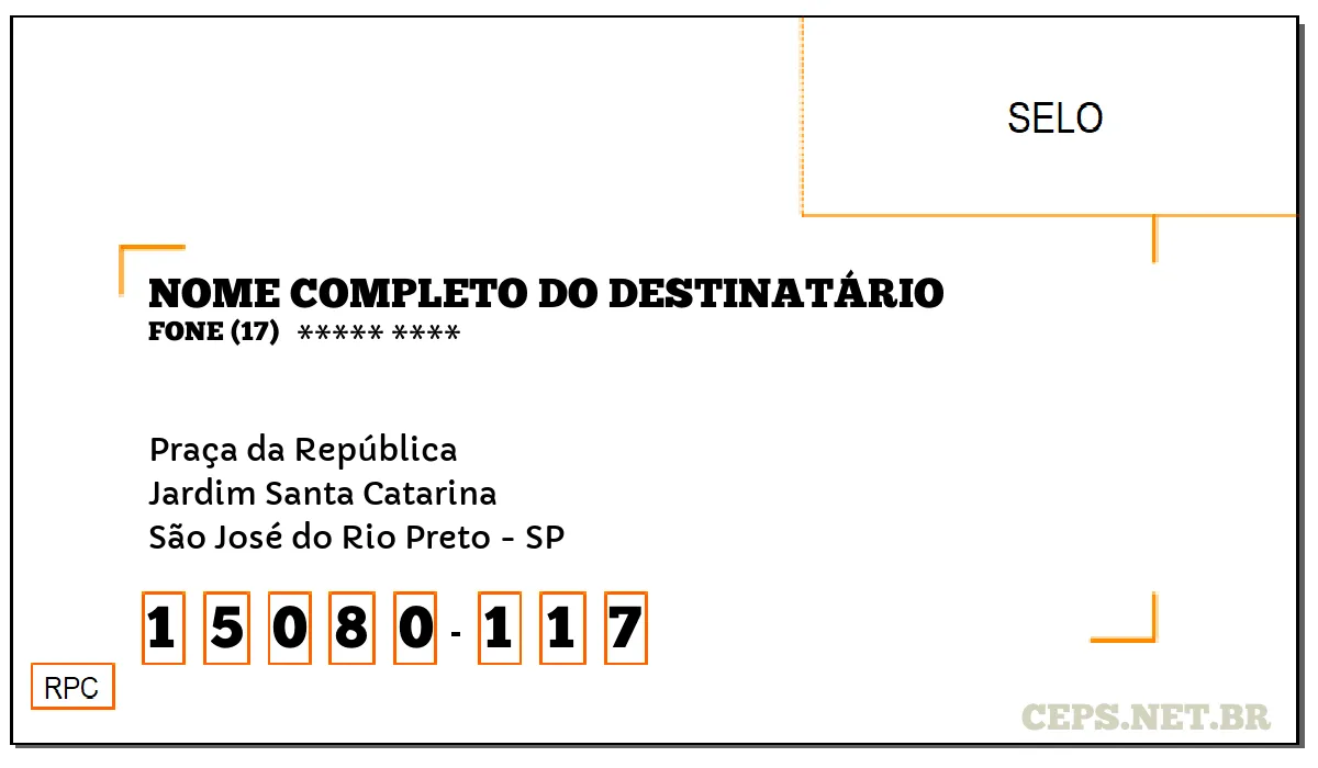 CEP SÃO JOSÉ DO RIO PRETO - SP, DDD 17, CEP 15080117, PRAÇA DA REPÚBLICA, BAIRRO JARDIM SANTA CATARINA.