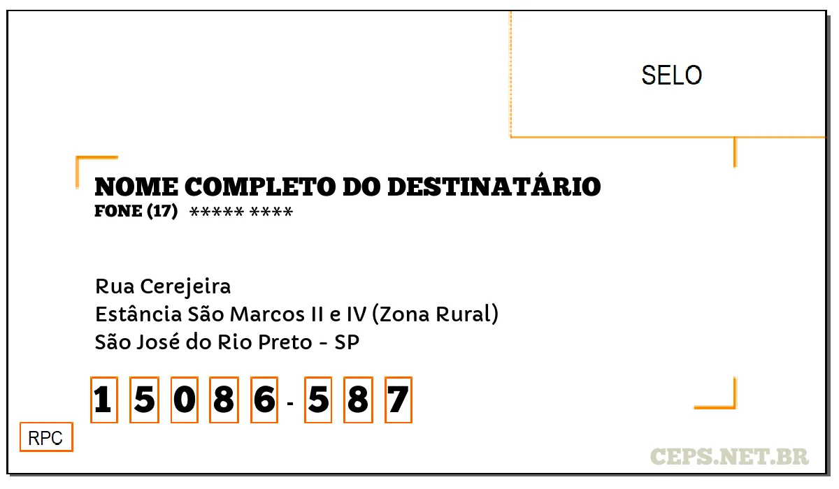 CEP SÃO JOSÉ DO RIO PRETO - SP, DDD 17, CEP 15086587, RUA CEREJEIRA, BAIRRO ESTÂNCIA SÃO MARCOS II E IV (ZONA RURAL).