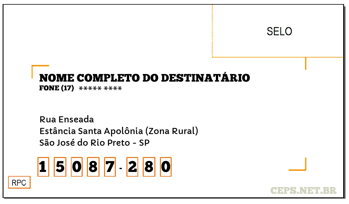 CEP SÃO JOSÉ DO RIO PRETO - SP, DDD 17, CEP 15087280, RUA ENSEADA, BAIRRO ESTÂNCIA SANTA APOLÔNIA (ZONA RURAL).