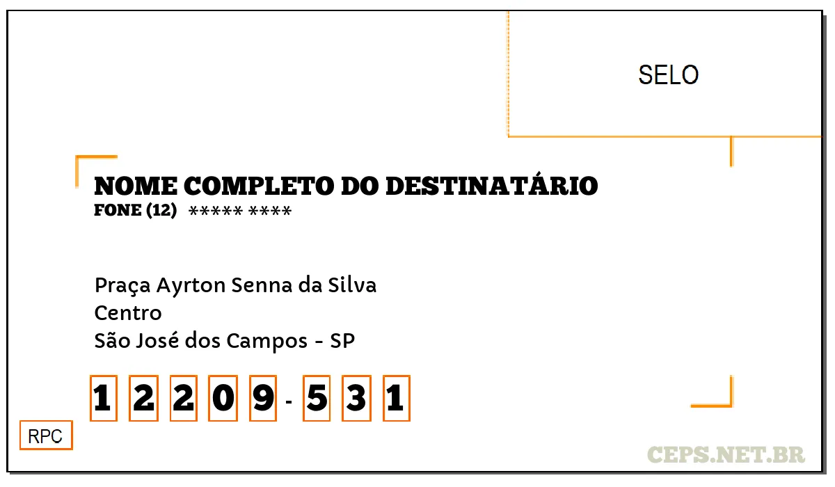 CEP SÃO JOSÉ DOS CAMPOS - SP, DDD 12, CEP 12209531, PRAÇA AYRTON SENNA DA SILVA, BAIRRO CENTRO.