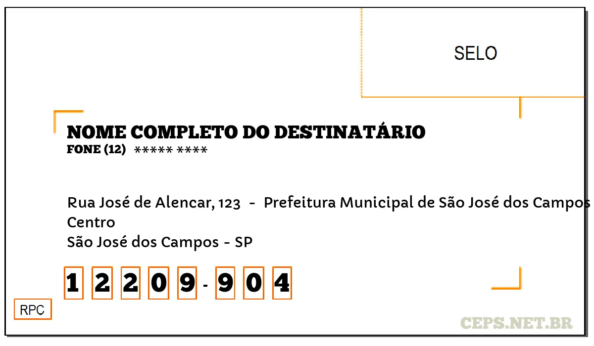 CEP SÃO JOSÉ DOS CAMPOS - SP, DDD 12, CEP 12209904, RUA JOSÉ DE ALENCAR, 123 , BAIRRO CENTRO.