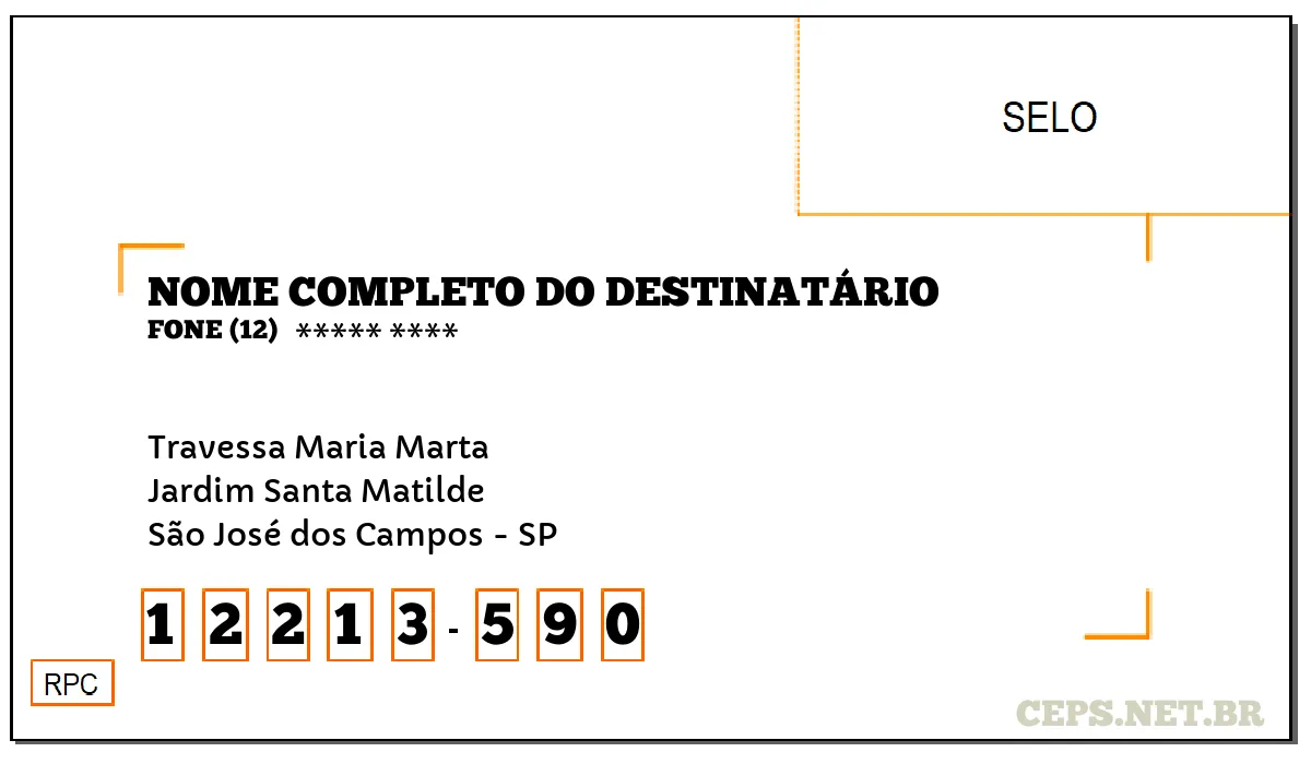 CEP SÃO JOSÉ DOS CAMPOS - SP, DDD 12, CEP 12213590, TRAVESSA MARIA MARTA, BAIRRO JARDIM SANTA MATILDE.