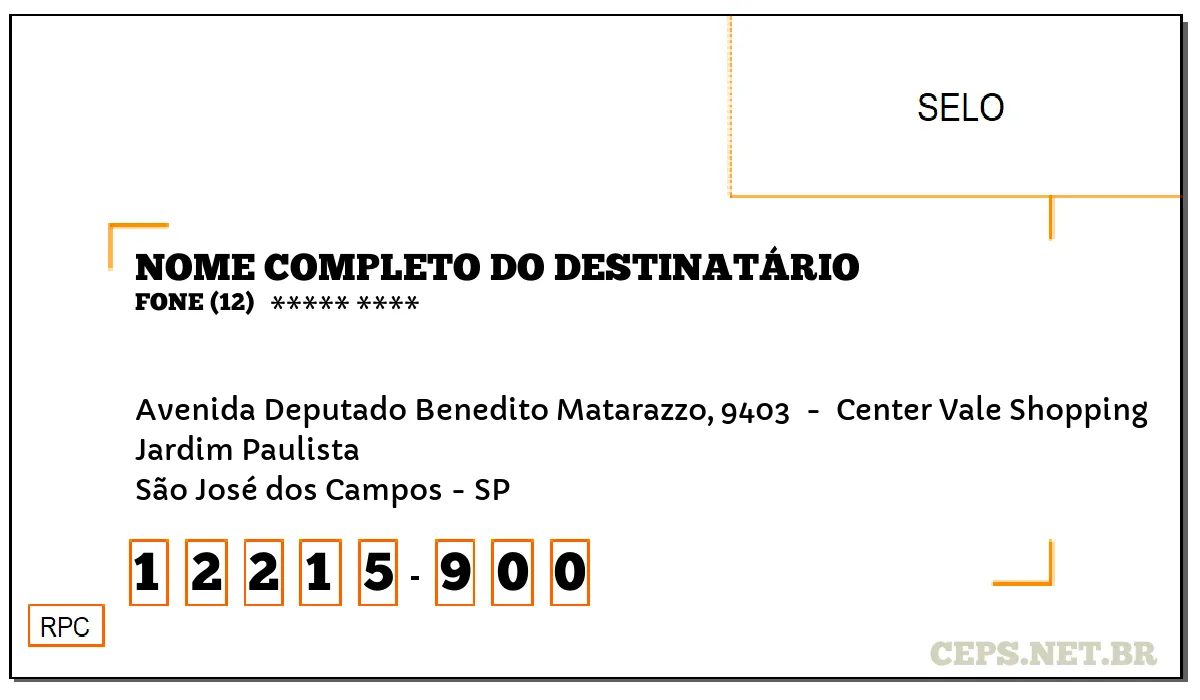 CEP SÃO JOSÉ DOS CAMPOS - SP, DDD 12, CEP 12215900, AVENIDA DEPUTADO BENEDITO MATARAZZO, 9403 , BAIRRO JARDIM PAULISTA.