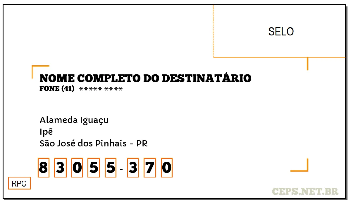 CEP SÃO JOSÉ DOS PINHAIS - PR, DDD 41, CEP 83055370, ALAMEDA IGUAÇU, BAIRRO IPÊ.