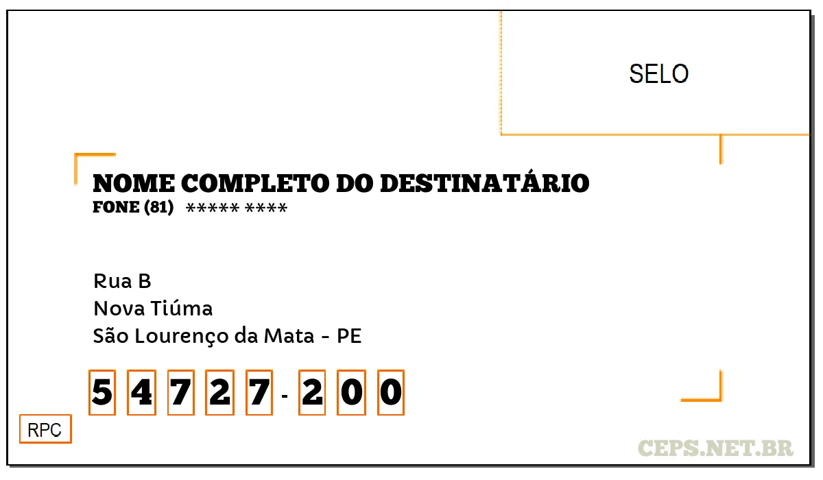 CEP SÃO LOURENÇO DA MATA - PE, DDD 81, CEP 54727200, RUA B, BAIRRO NOVA TIÚMA.