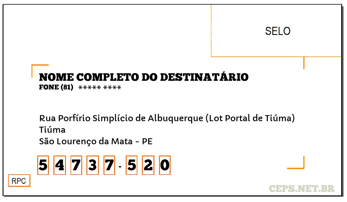 CEP SÃO LOURENÇO DA MATA - PE, DDD 81, CEP 54737520, RUA PORFÍRIO SIMPLÍCIO DE ALBUQUERQUE (LOT PORTAL DE TIÚMA), BAIRRO TIÚMA.