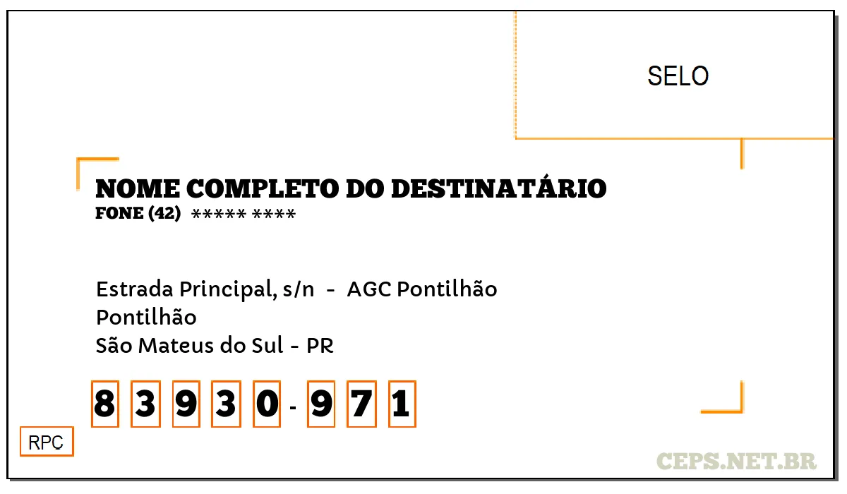 CEP SÃO MATEUS DO SUL - PR, DDD 42, CEP 83930971, ESTRADA PRINCIPAL, S/N , BAIRRO PONTILHÃO.