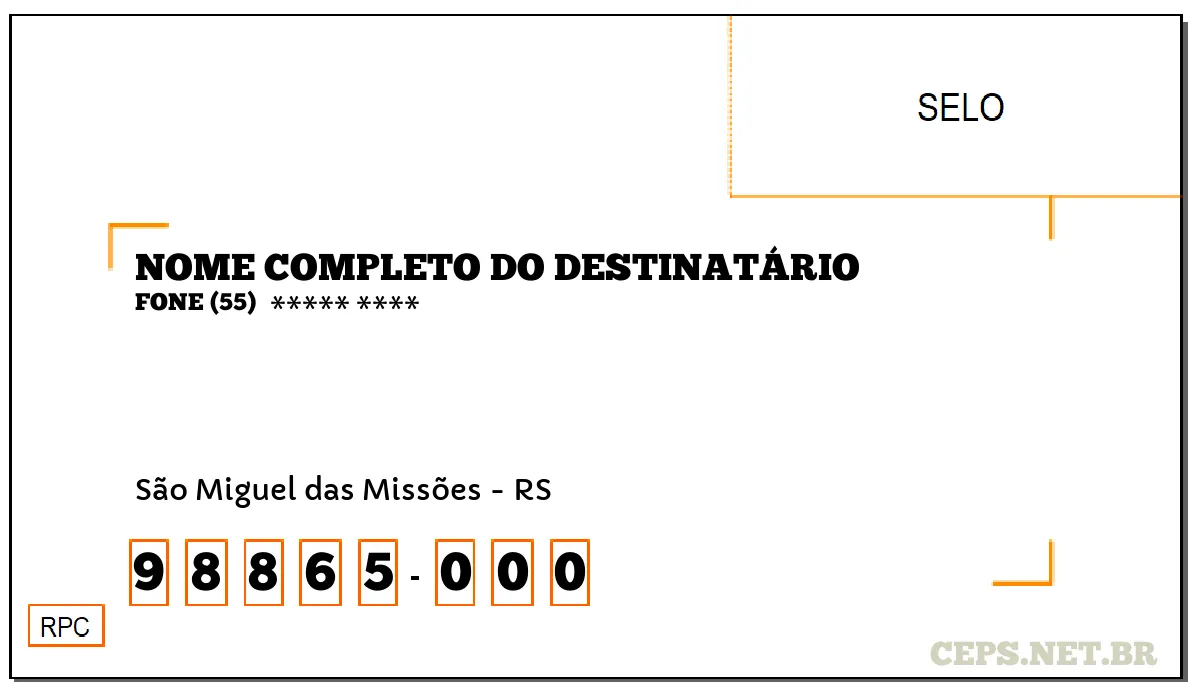 CEP SÃO MIGUEL DAS MISSÕES - RS, DDD 55, CEP 98865000, , BAIRRO .