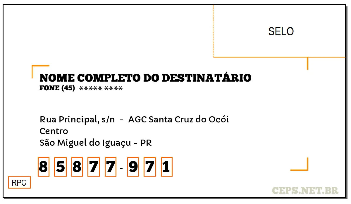 CEP SÃO MIGUEL DO IGUAÇU - PR, DDD 45, CEP 85877971, RUA PRINCIPAL, S/N , BAIRRO CENTRO.