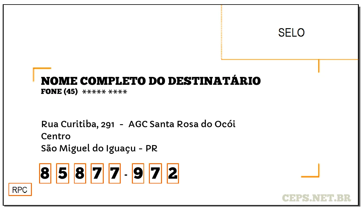 CEP SÃO MIGUEL DO IGUAÇU - PR, DDD 45, CEP 85877972, RUA CURITIBA, 291 , BAIRRO CENTRO.