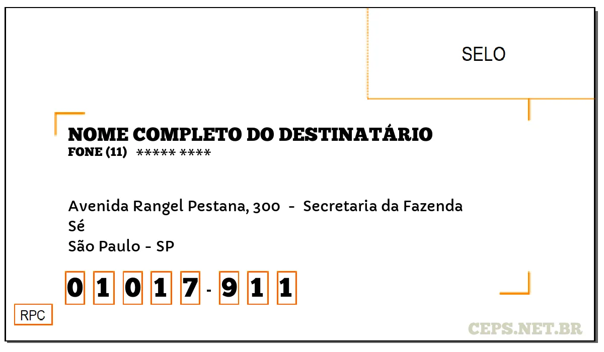 CEP SÃO PAULO - SP, DDD 11, CEP 01017911, AVENIDA RANGEL PESTANA, 300 , BAIRRO SÉ.