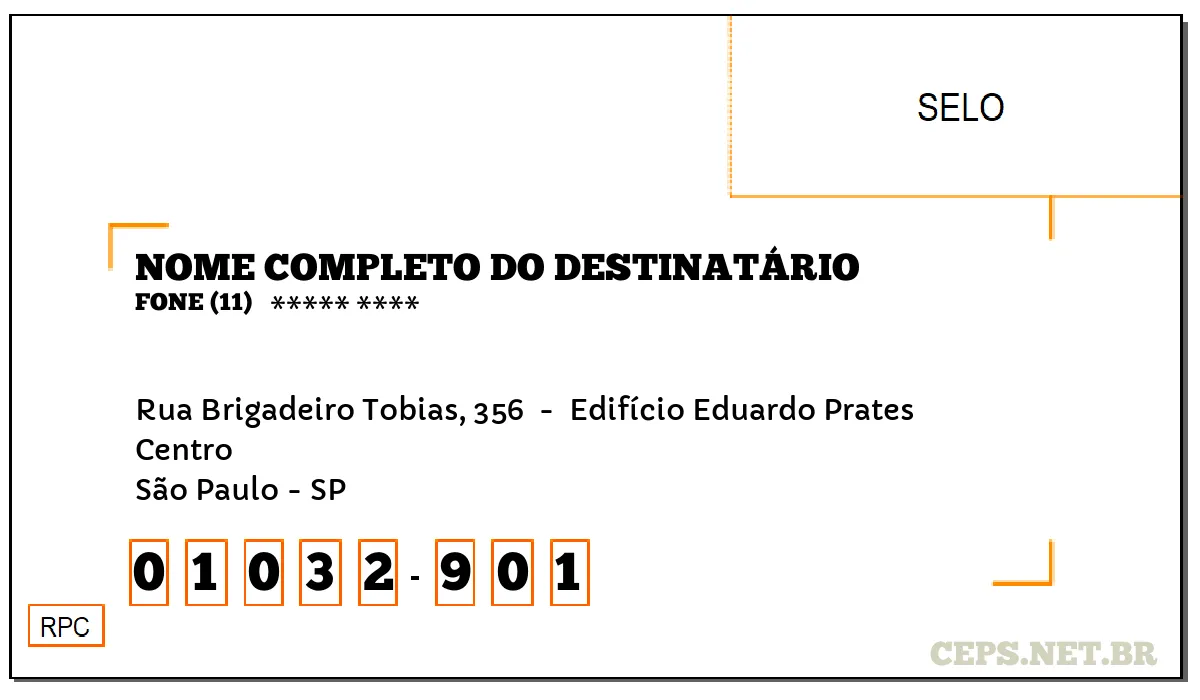 CEP SÃO PAULO - SP, DDD 11, CEP 01032901, RUA BRIGADEIRO TOBIAS, 356 , BAIRRO CENTRO.