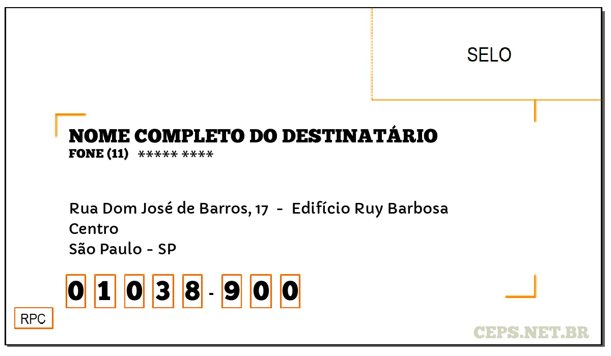 CEP SÃO PAULO - SP, DDD 11, CEP 01038900, RUA DOM JOSÉ DE BARROS, 17 , BAIRRO CENTRO.