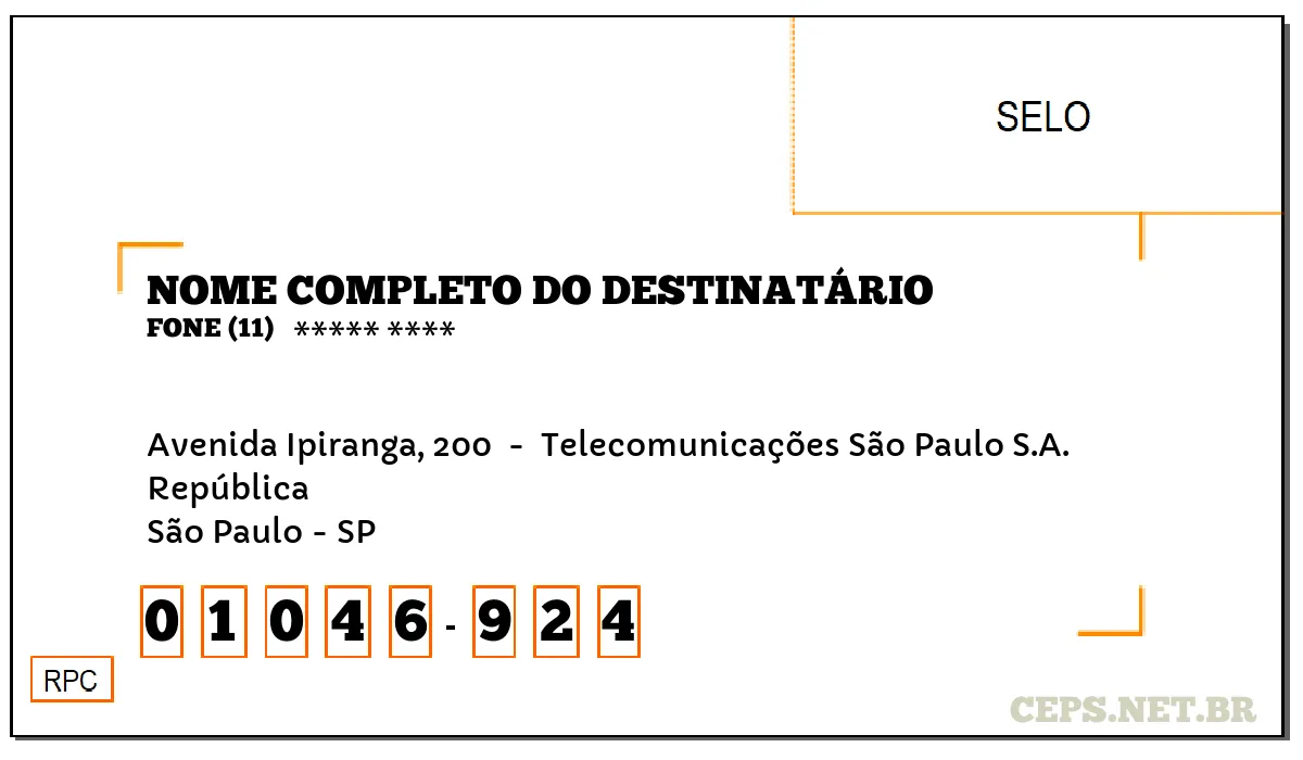 CEP SÃO PAULO - SP, DDD 11, CEP 01046924, AVENIDA IPIRANGA, 200 , BAIRRO REPÚBLICA.