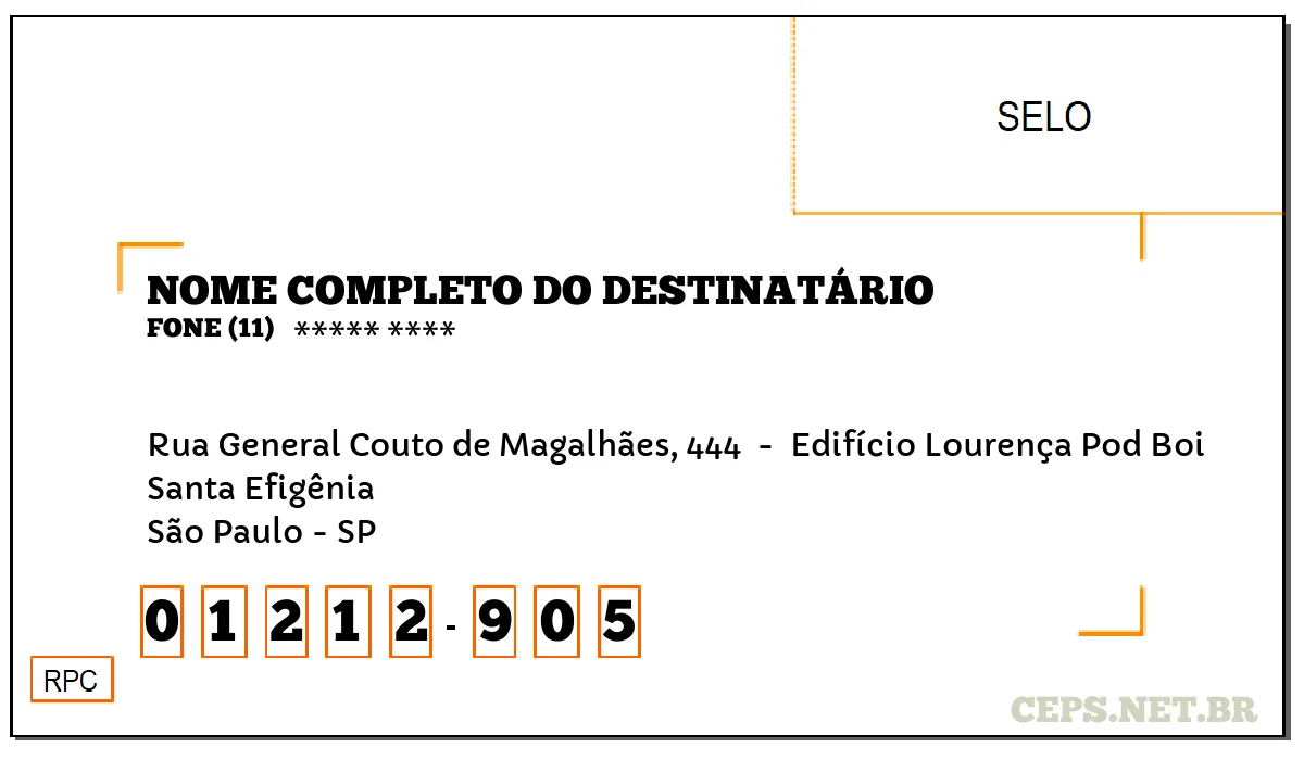 CEP SÃO PAULO - SP, DDD 11, CEP 01212905, RUA GENERAL COUTO DE MAGALHÃES, 444 , BAIRRO SANTA EFIGÊNIA.