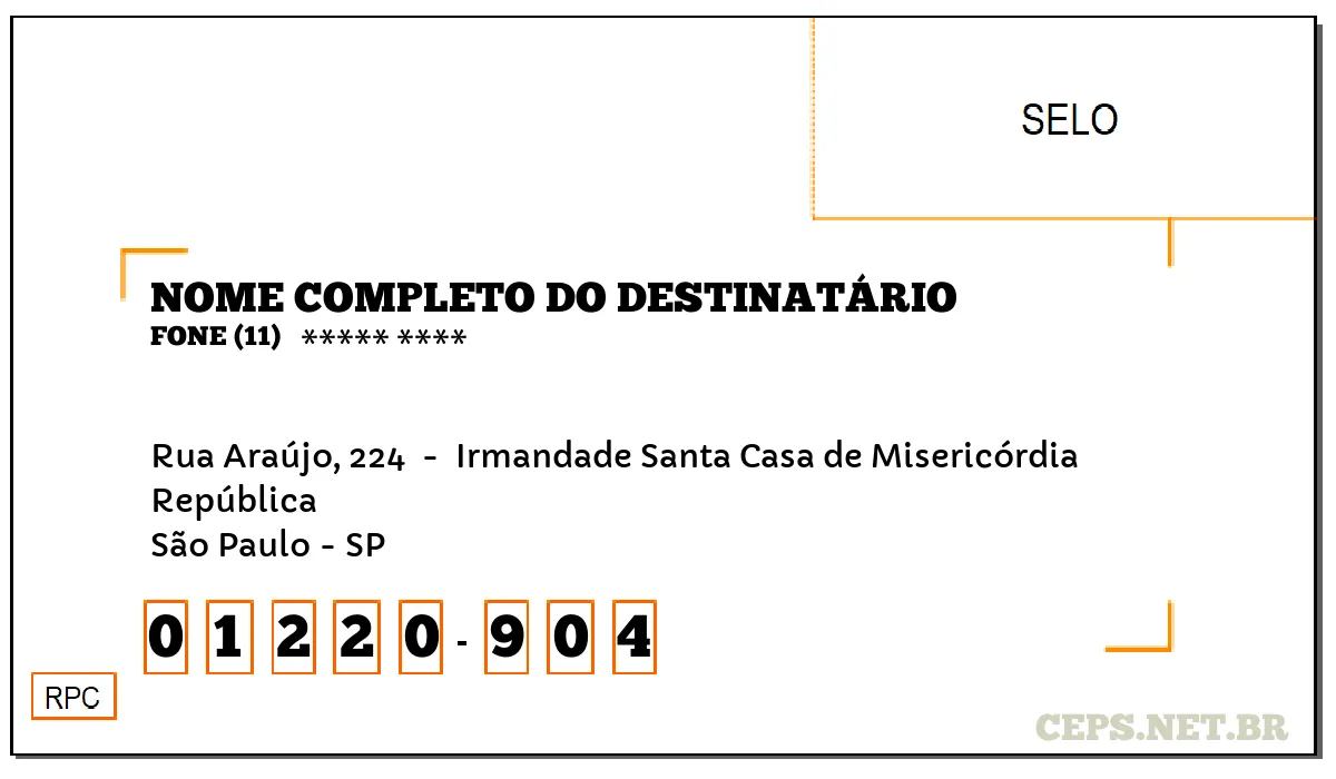 CEP SÃO PAULO - SP, DDD 11, CEP 01220904, RUA ARAÚJO, 224 , BAIRRO REPÚBLICA.