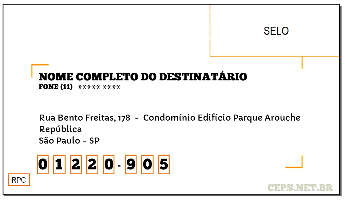 CEP SÃO PAULO - SP, DDD 11, CEP 01220905, RUA BENTO FREITAS, 178 , BAIRRO REPÚBLICA.