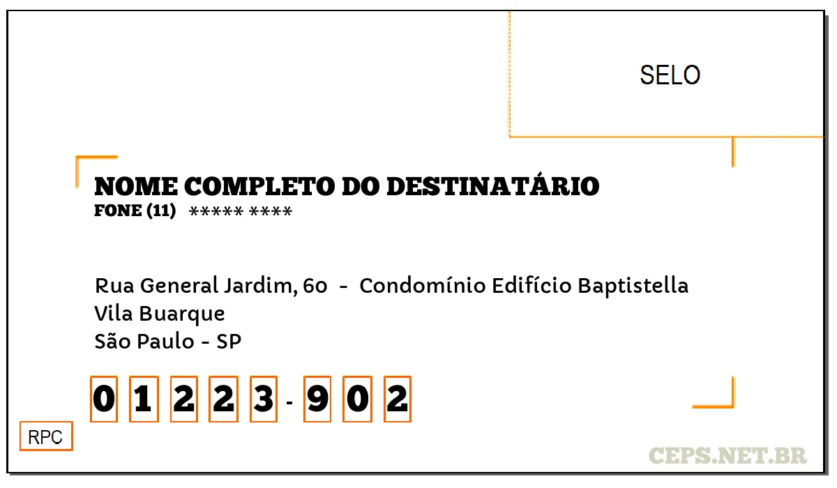 CEP SÃO PAULO - SP, DDD 11, CEP 01223902, RUA GENERAL JARDIM, 60 , BAIRRO VILA BUARQUE.