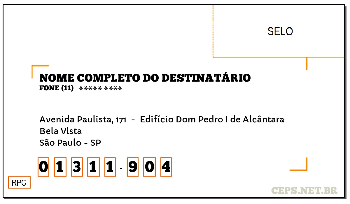 CEP SÃO PAULO - SP, DDD 11, CEP 01311904, AVENIDA PAULISTA, 171 , BAIRRO BELA VISTA.