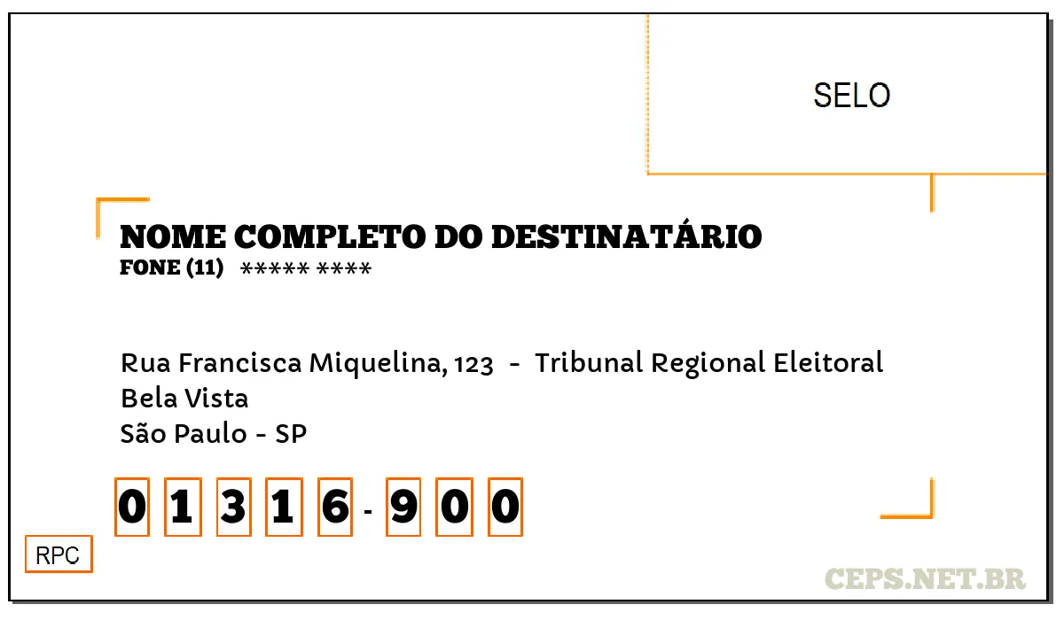 CEP SÃO PAULO - SP, DDD 11, CEP 01316900, RUA FRANCISCA MIQUELINA, 123 , BAIRRO BELA VISTA.