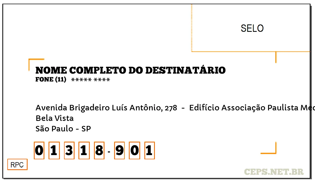 CEP SÃO PAULO - SP, DDD 11, CEP 01318901, AVENIDA BRIGADEIRO LUÍS ANTÔNIO, 278 , BAIRRO BELA VISTA.