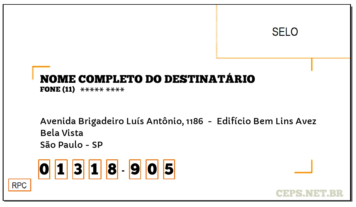 CEP SÃO PAULO - SP, DDD 11, CEP 01318905, AVENIDA BRIGADEIRO LUÍS ANTÔNIO, 1186 , BAIRRO BELA VISTA.