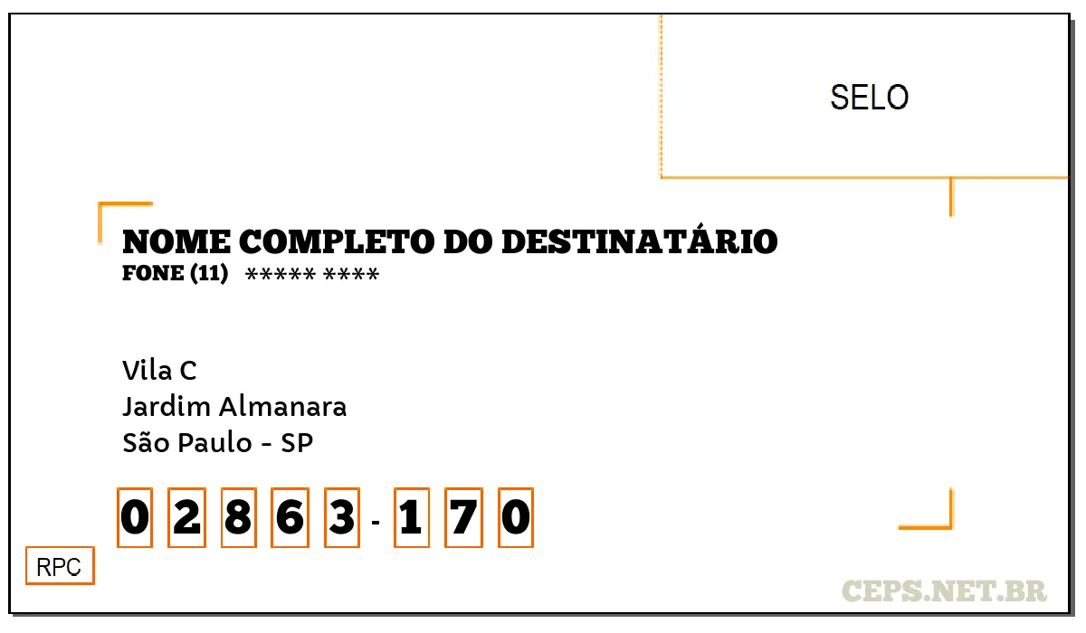 CEP SÃO PAULO - SP, DDD 11, CEP 02863170, VILA C, BAIRRO JARDIM ALMANARA.