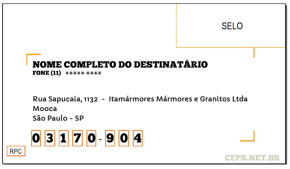 CEP SÃO PAULO - SP, DDD 11, CEP 03170904, RUA SAPUCAIA, 1132 , BAIRRO MOOCA.