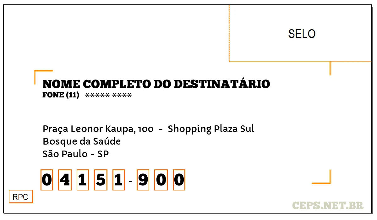 CEP SÃO PAULO - SP, DDD 11, CEP 04151900, PRAÇA LEONOR KAUPA, 100 , BAIRRO BOSQUE DA SAÚDE.