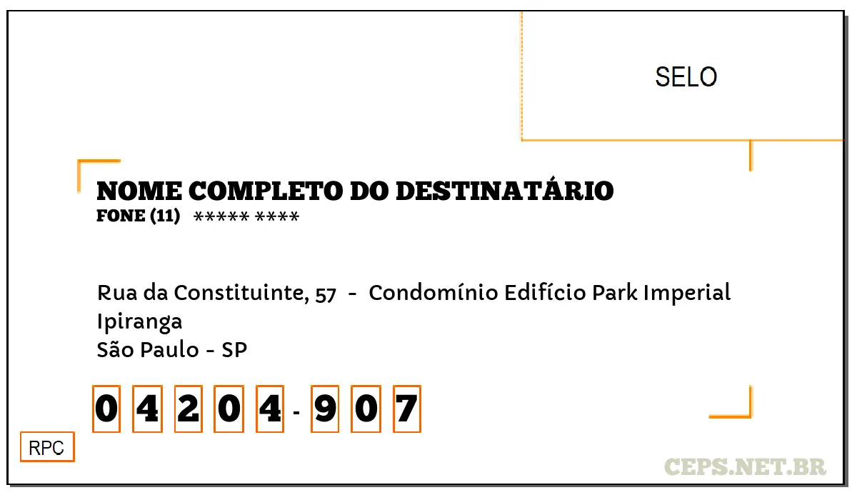 CEP SÃO PAULO - SP, DDD 11, CEP 04204907, RUA DA CONSTITUINTE, 57 , BAIRRO IPIRANGA.